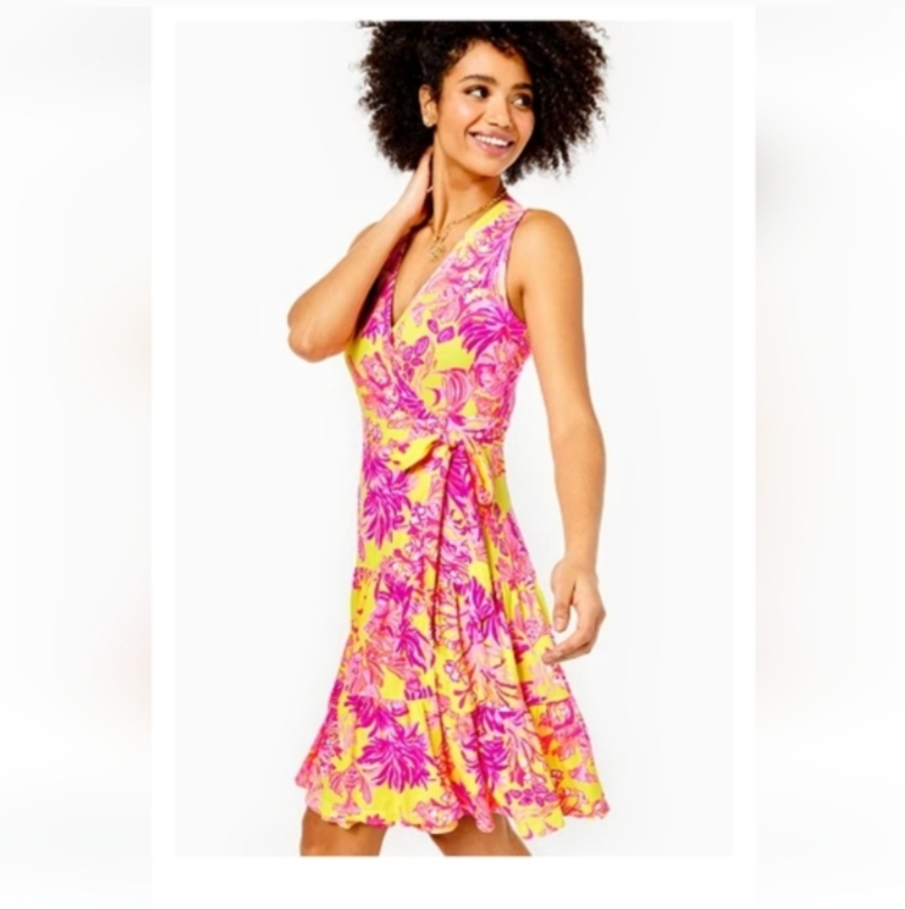 Lilly Pulitzer Yellow and Pink Floral Wrap Mini Dress with Self-Tie